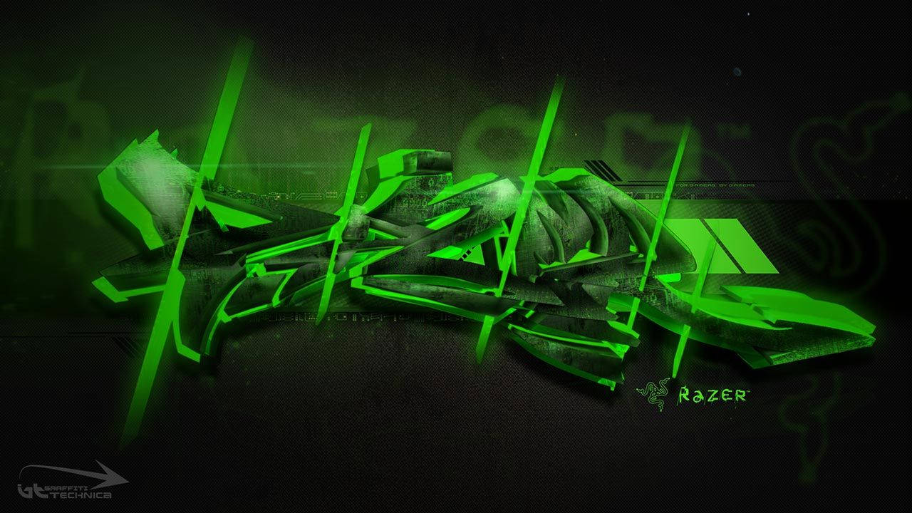 雷蛇 桌布 壁紙 — 鮮豔的螢光綠色 3D 渲染 Razer 標誌，帶有尖銳幾何碎片，背景為深色紋理。