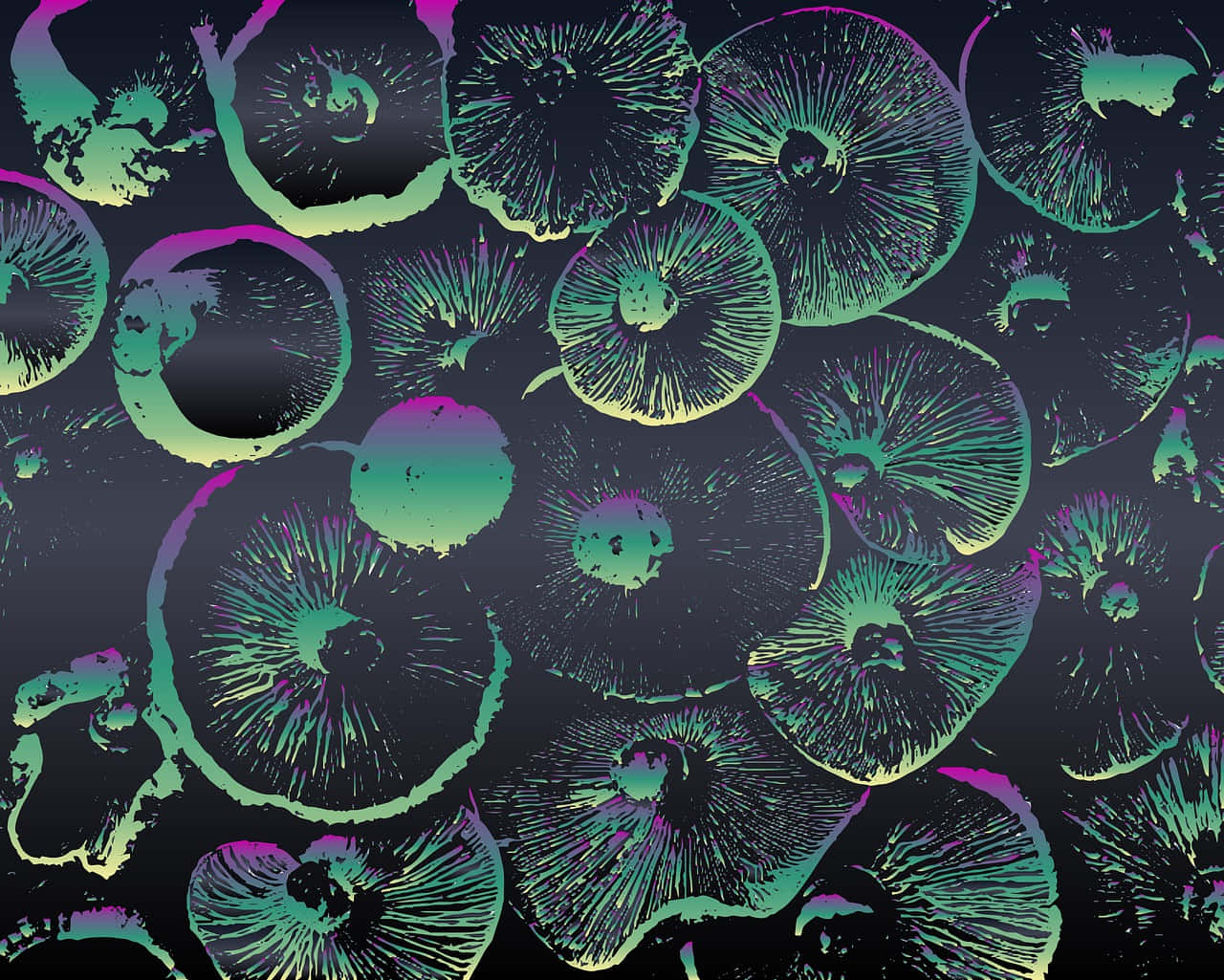 Trippy Mushrooms 桌布 壁紙 — 鮮豔的螢光綠色和紫色蘑菇切片在黑暗背景上漂浮，形成迷幻的數位藝術圖案。