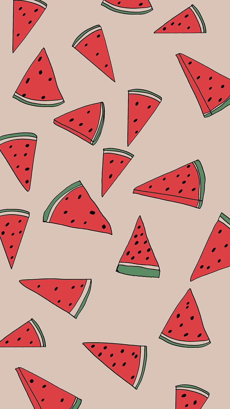 Watermelon iPhone 桌布 壁紙 — 鮮豔的西瓜片，帶有黑色種子和綠色外皮，散落在米色背景上，形成俏皮的圖案。
