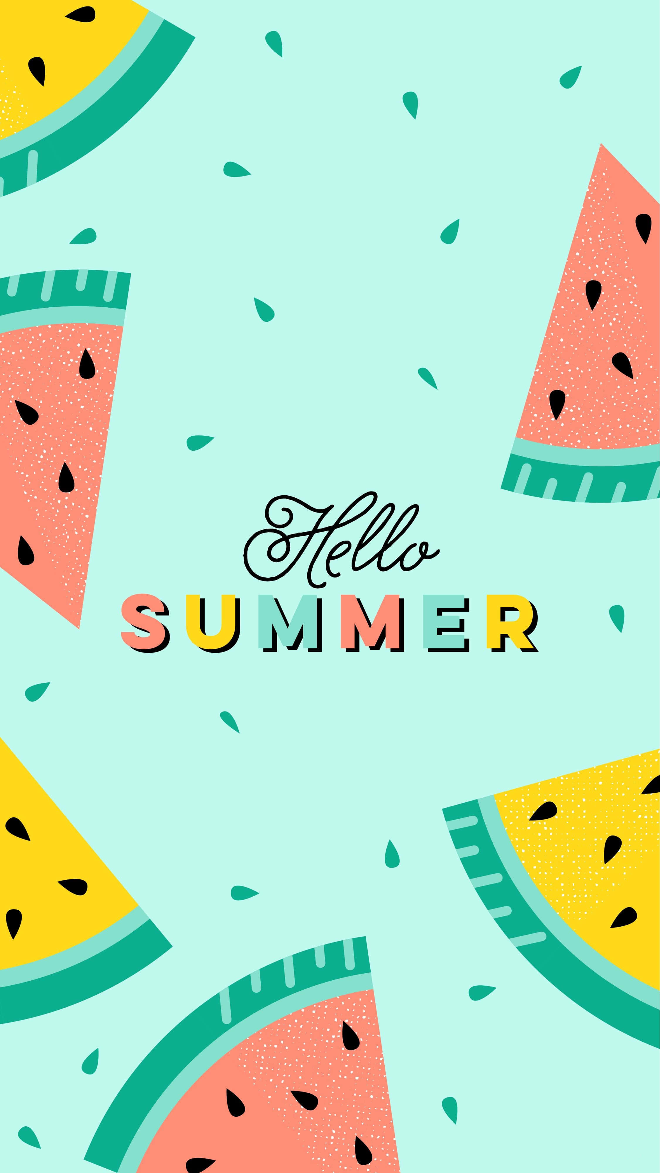 Cute Summer iPhone 桌布 壁紙 — 鮮豔的西瓜片漂浮在薄荷色背景上，並以色彩繽紛的復古字體顯示「Hello SUMMER」文字。