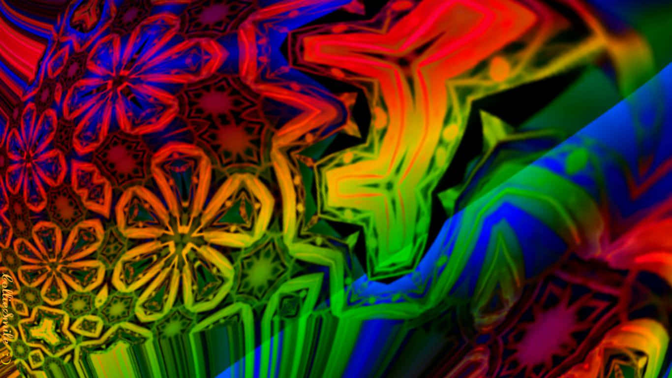 嬉皮 桌布 壁紙 — 鮮豔的迷幻分形圖案在黑暗背景上以霓虹紅、綠和藍色旋轉。
