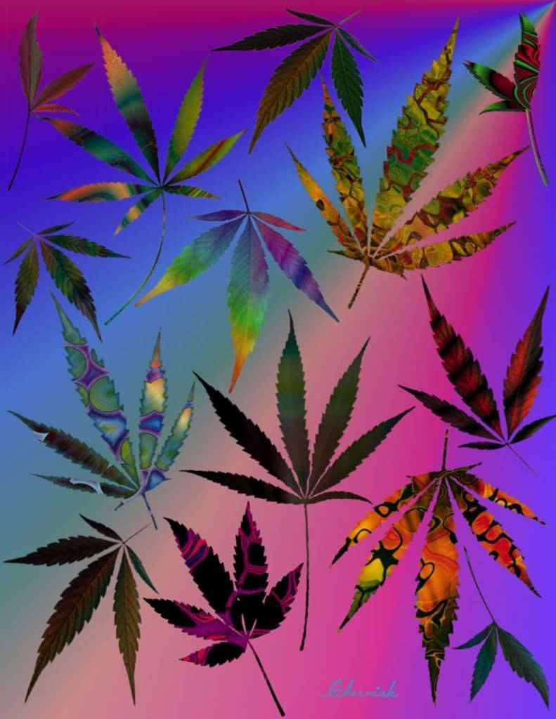 Leaf 桌布 壁紙 — 鮮豔的迷幻大麻葉漂浮在漸變紫色、粉紅色和藍色背景上，帶有發光的霓虹圖案。
