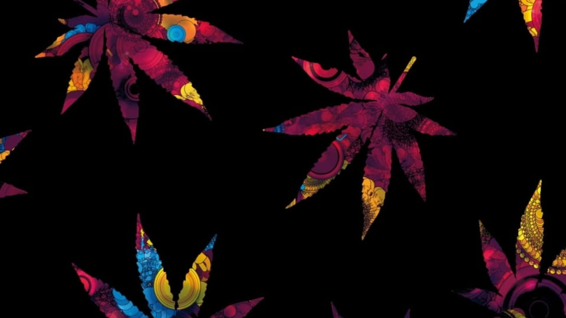 迷幻楓葉帶有複雜圖案，漂浮在黑色背景上。 — 大麻 壁紙
