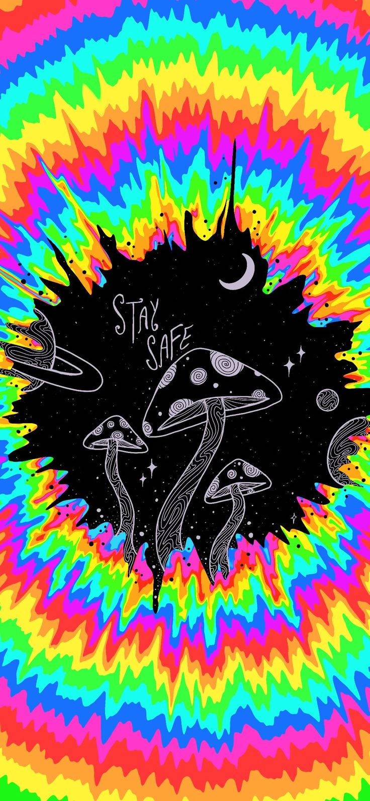 迷幻美學 桌布 壁紙 — 鮮豔的迷幻紮染從黑色宇宙中心散發出來，包含蘑菇、行星和帶有「STAY SAFE」文字的彎月。
