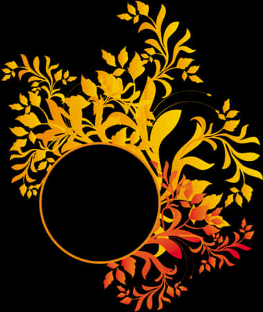 Graphics Design 桌布 壁紙 — 鮮豔的金色和橙色花卉藤蔓圍繞著中央的黑色圓圈旋轉，背景為純黑色。