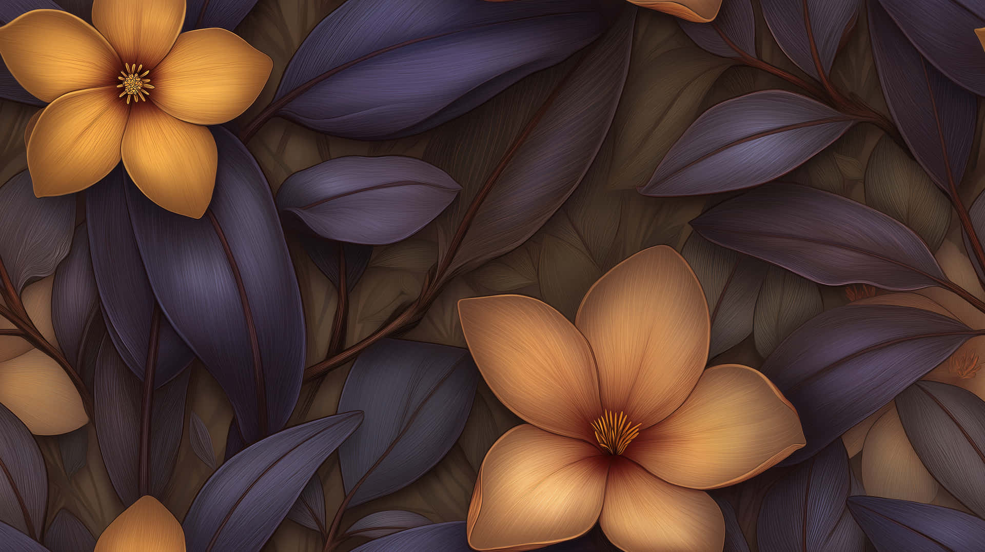 Rich Floral Pattern with Bold Blooms and Distinct Foliage 壁紙 — 鮮豔的金色花朵在深紫色葉片中盛開，構成豐富紋理的植物構圖。