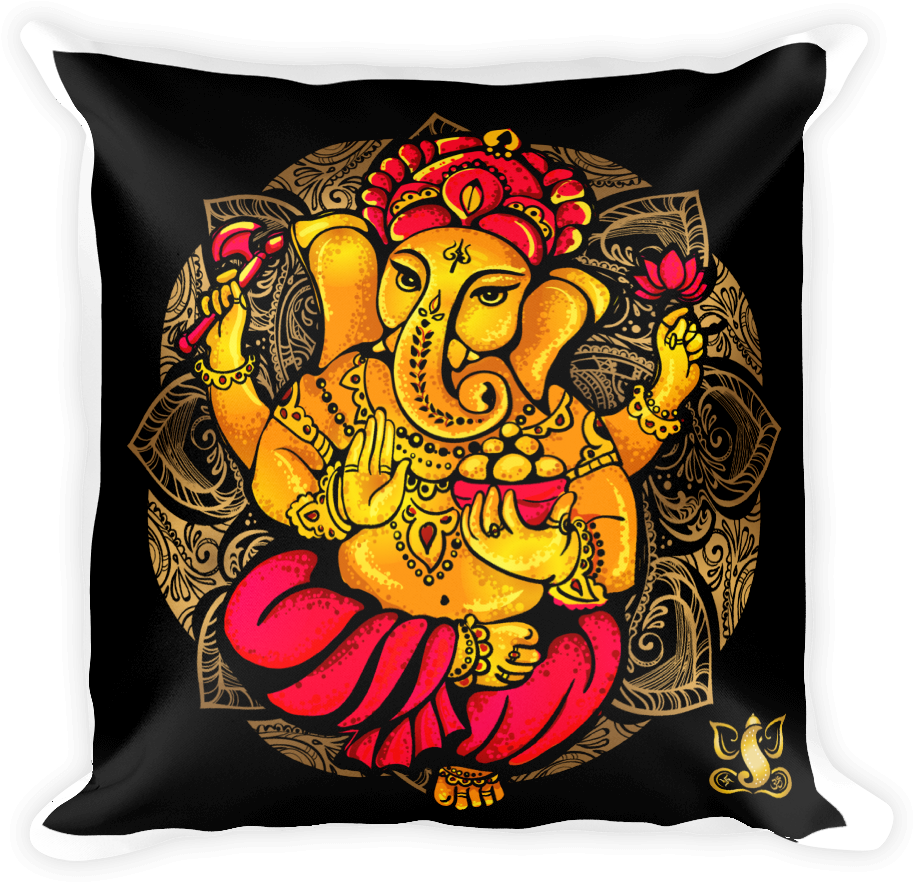 Hinduism 桌布 壁紙 — 鮮豔的金色象神甘尼許，戴著紅色皇冠和裙子，坐在有白色滾邊的黑色枕頭上，置於華麗曼陀羅中。