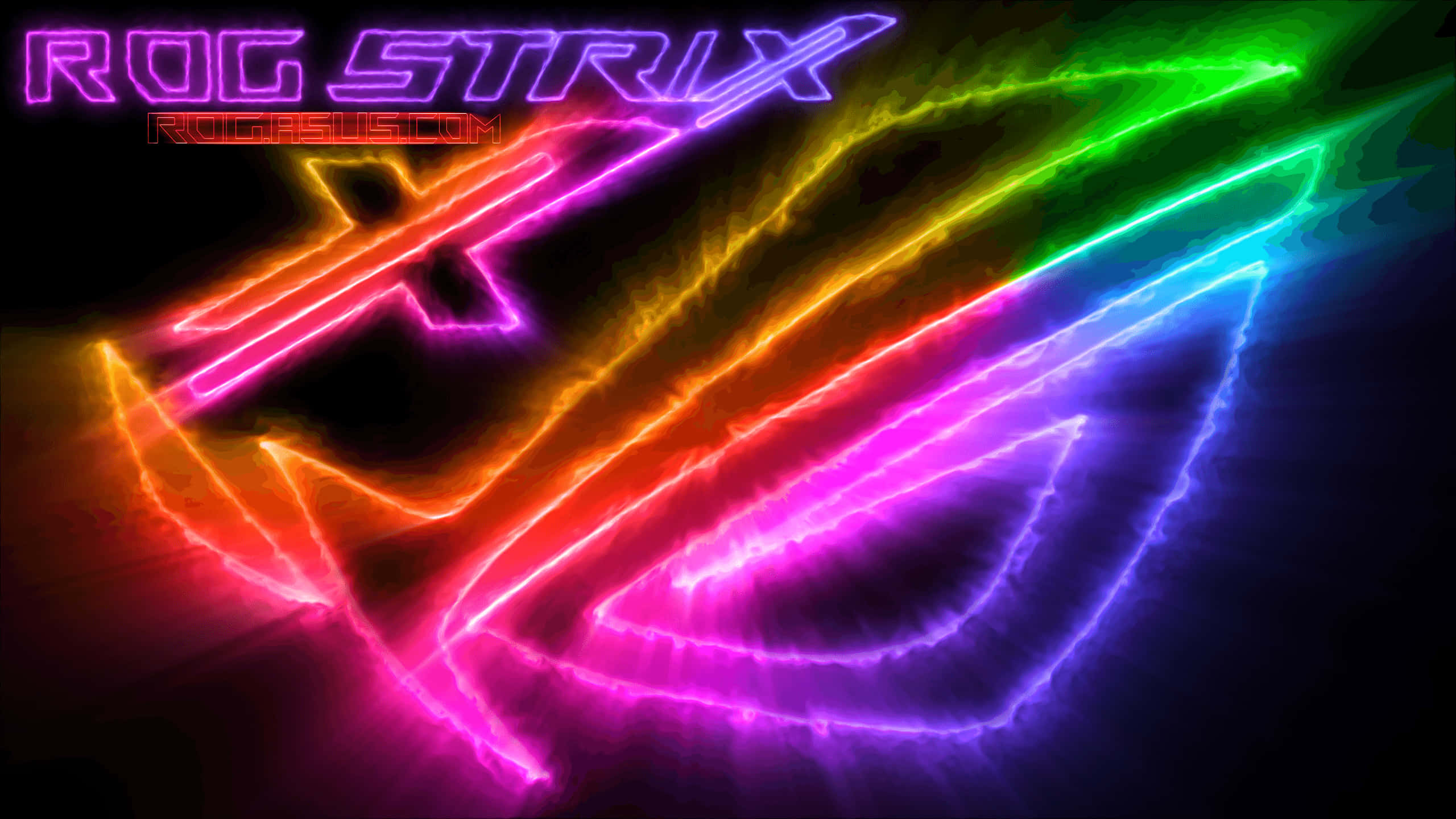 華碩 ROG 桌布 壁紙 — 鮮豔的霓虹ROG Strix標誌在黑暗背景上散發出電光彩虹色調。