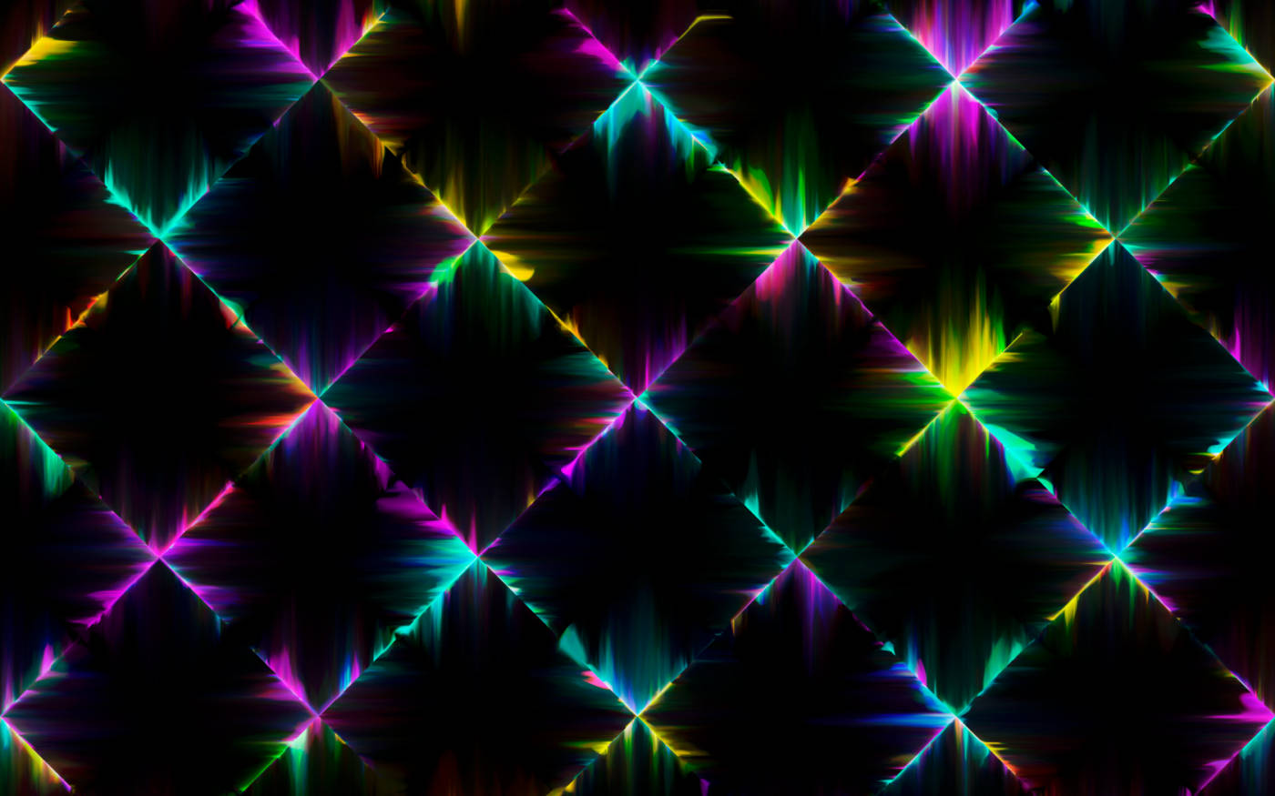 Dark Neon 桌布 壁紙 — 鮮豔的霓虹光束從發光的鑽石形狀中輻射出來，背景是漆黑的。
