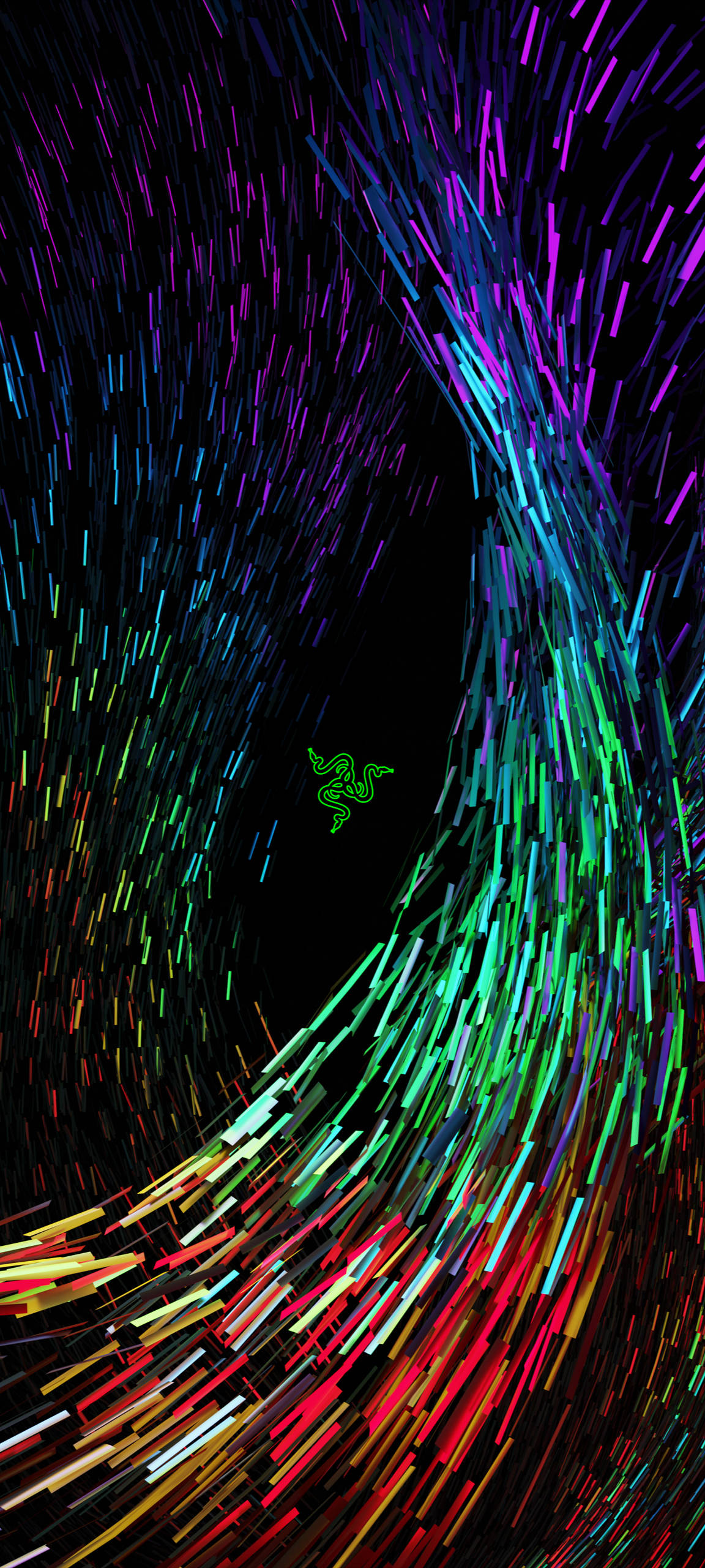 RGB 桌布 壁紙 — 鮮豔的霓虹光條在黑色虛空中圍繞發光的綠色Razer標誌形成宇宙漩渦。