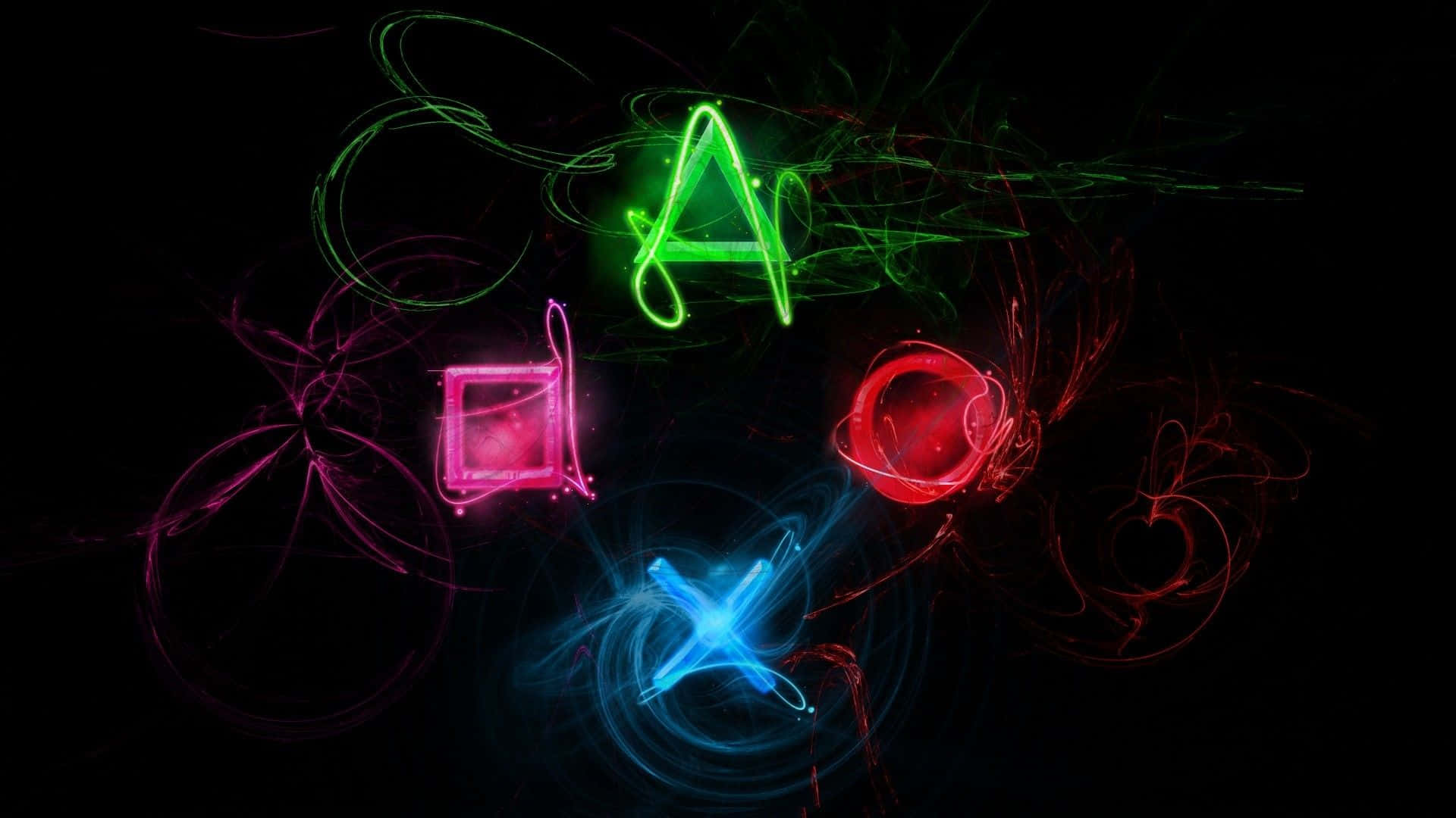 彩色動圖 桌布 壁紙 — 鮮豔的霓虹光軌在黑暗背景上形成發光的PlayStation控制器符號。
