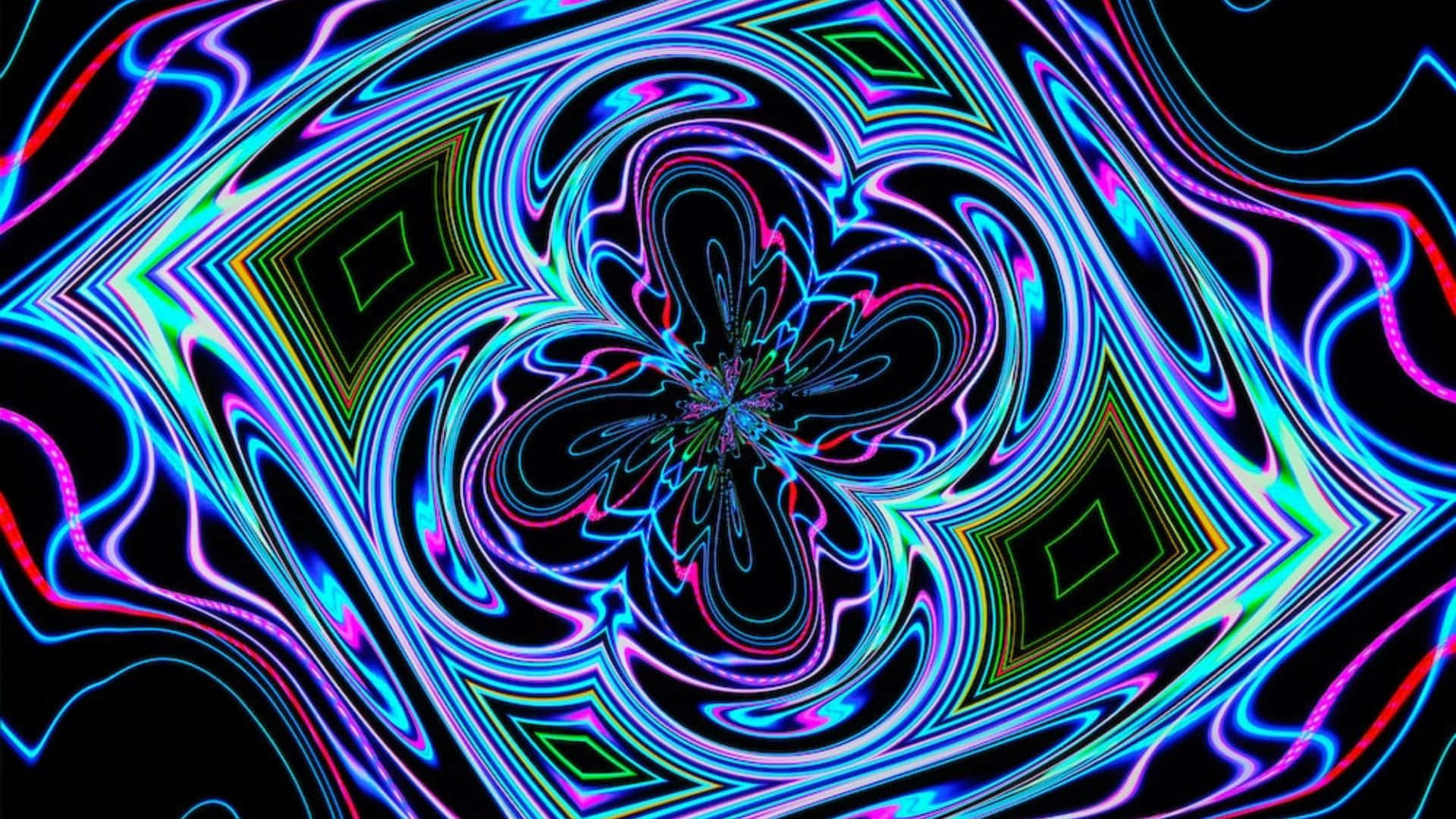 psychedelic art 桌布 壁紙 — 鮮豔的霓虹分形圖案在黑色背景上以催眠般的對稱性旋轉。