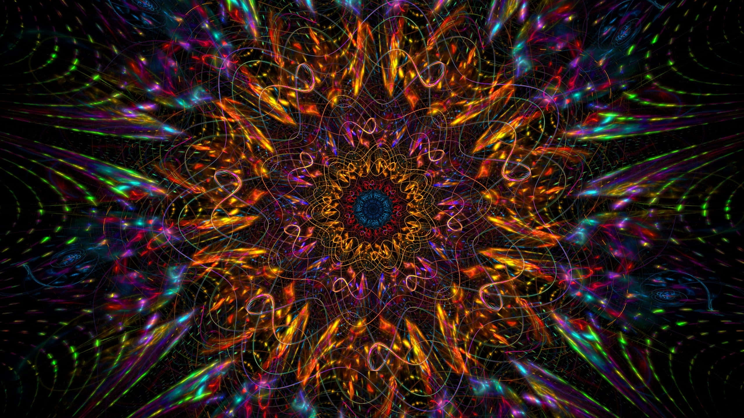 曼陀羅 桌布 壁紙 — 鮮豔的霓虹分形圖案從中央曼陀羅向黑色背景輻射，營造出迷人的數位爆炸效果。