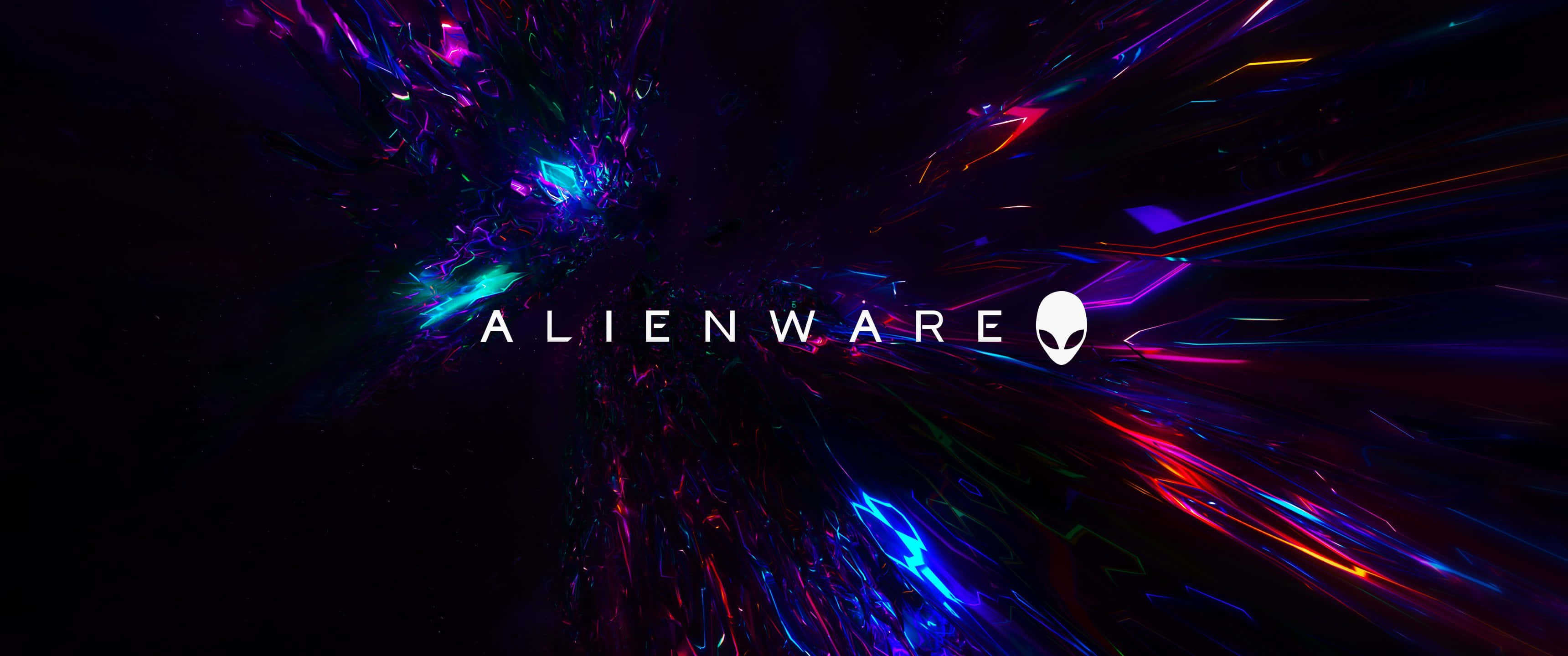背景 桌布 壁紙 — 鮮豔的霓虹分形從黑暗中心圍繞Alienware標誌爆炸，形成數位藝術爆發。