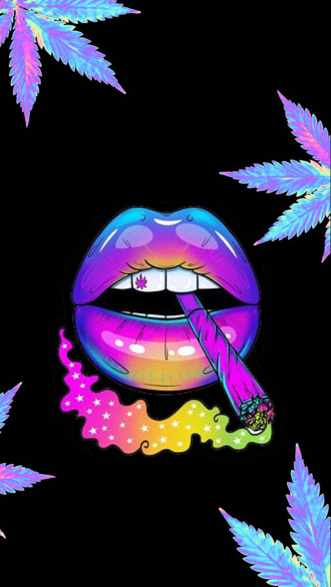 酷炫大麻 桌布 壁紙 — 鮮豔的霓虹嘴唇在黑色背景下吸食大麻煙，周圍環繞著發光的大麻葉。