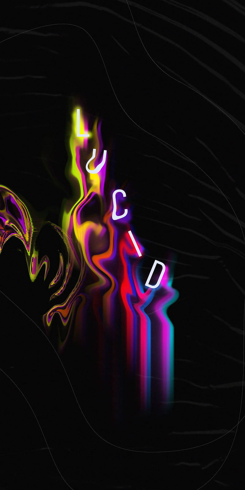 dreamy 桌布 壁紙 — 鮮豔的霓虹字母在黑色背景上拼出lucid，並帶有流動的彩色液體光效。