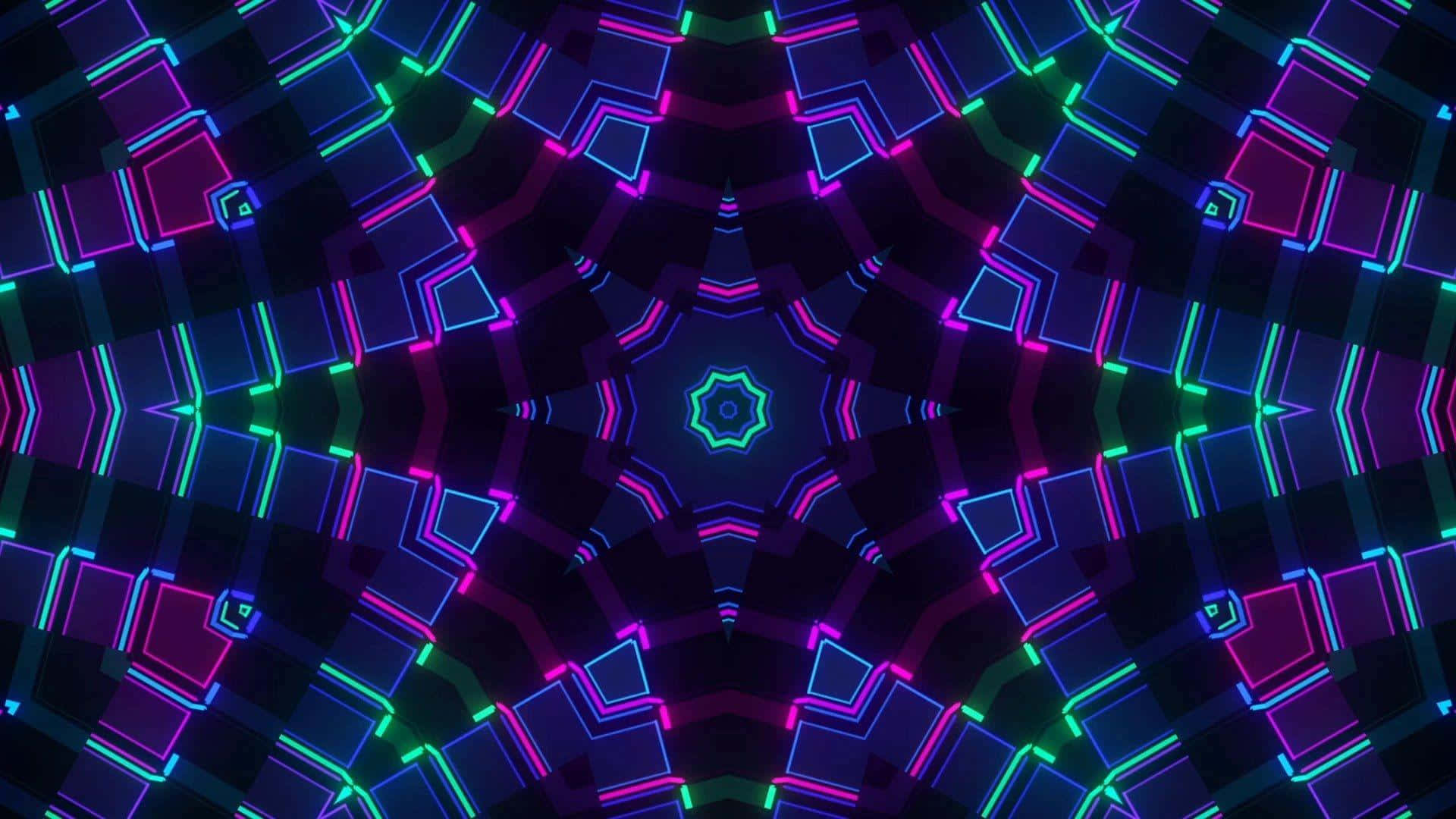 Trippy Neon Lights 桌布 壁紙 — 鮮豔的霓虹幾何圖案在黑暗背景下的萬花筒數位隧道中向外輻射。