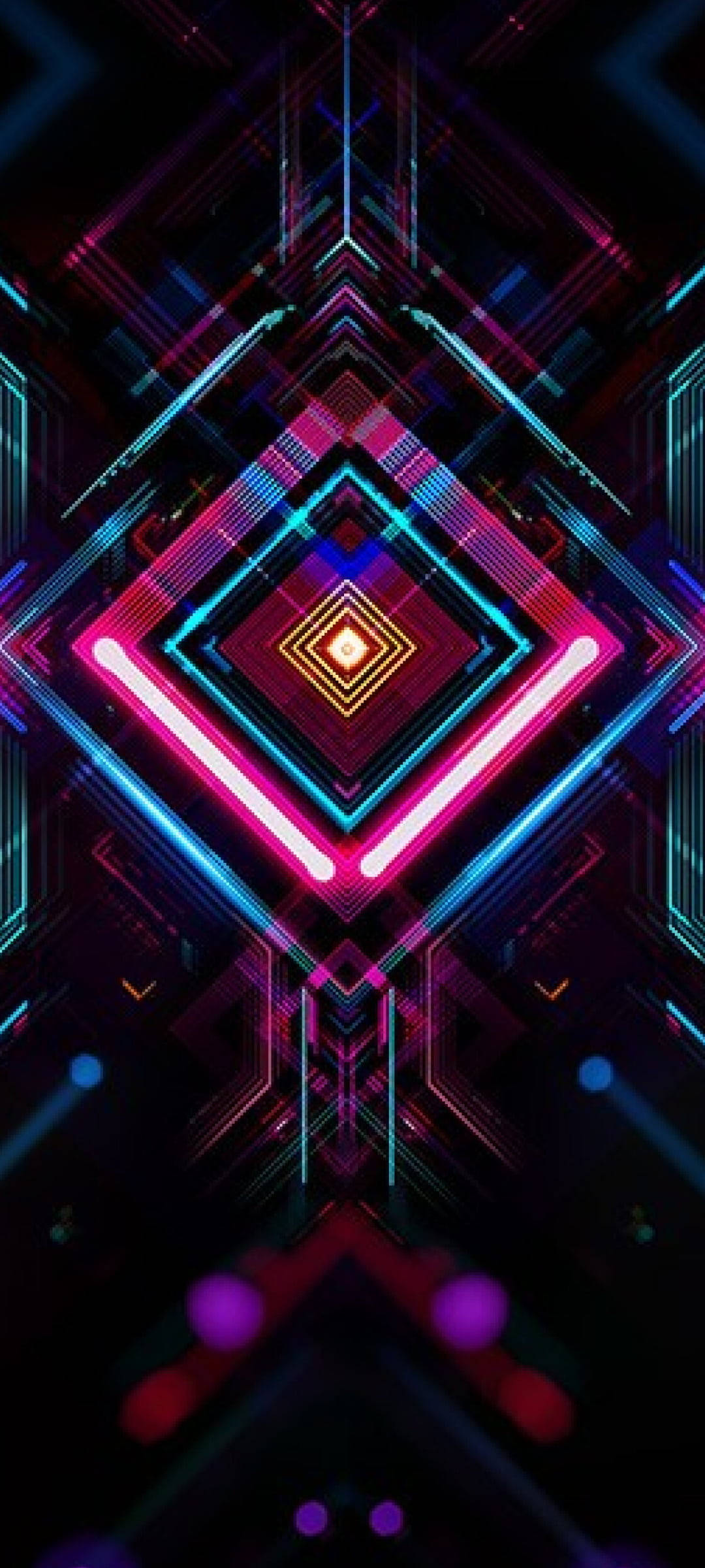 Phone Screen 桌布 壁紙 — 鮮豔的霓虹幾何圖案從發光的中心向黑暗背景輻射。