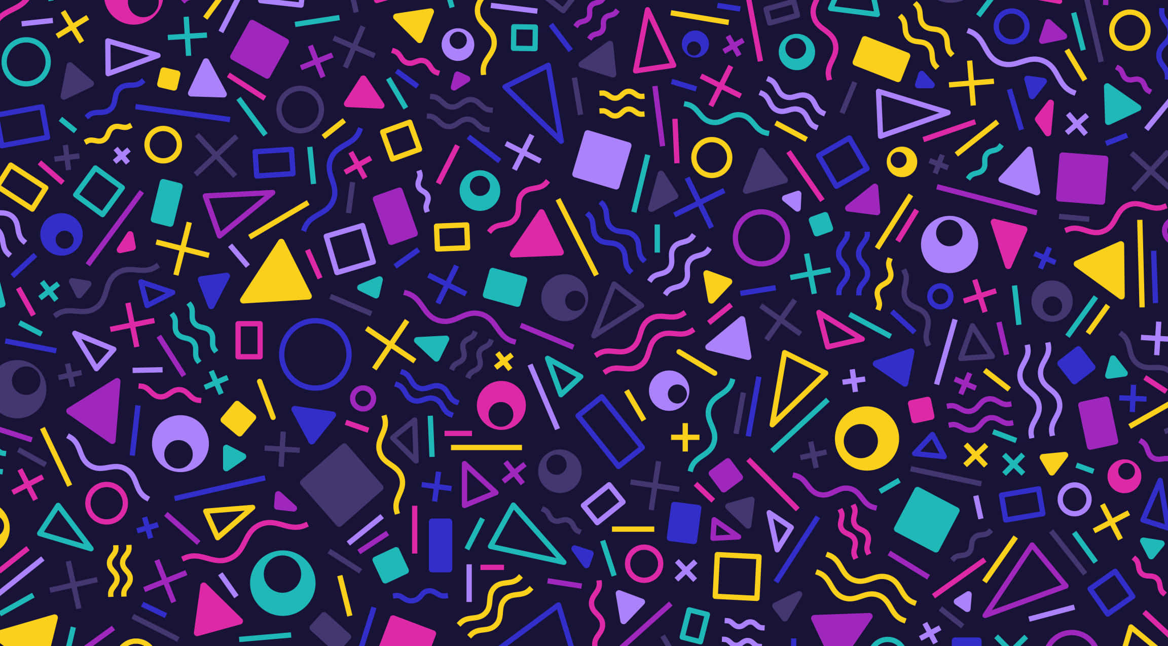 vector 桌布 壁紙 — 鮮豔的霓虹幾何形狀和波浪線條散落在深色背景上，呈現大膽的80年代復古風格。