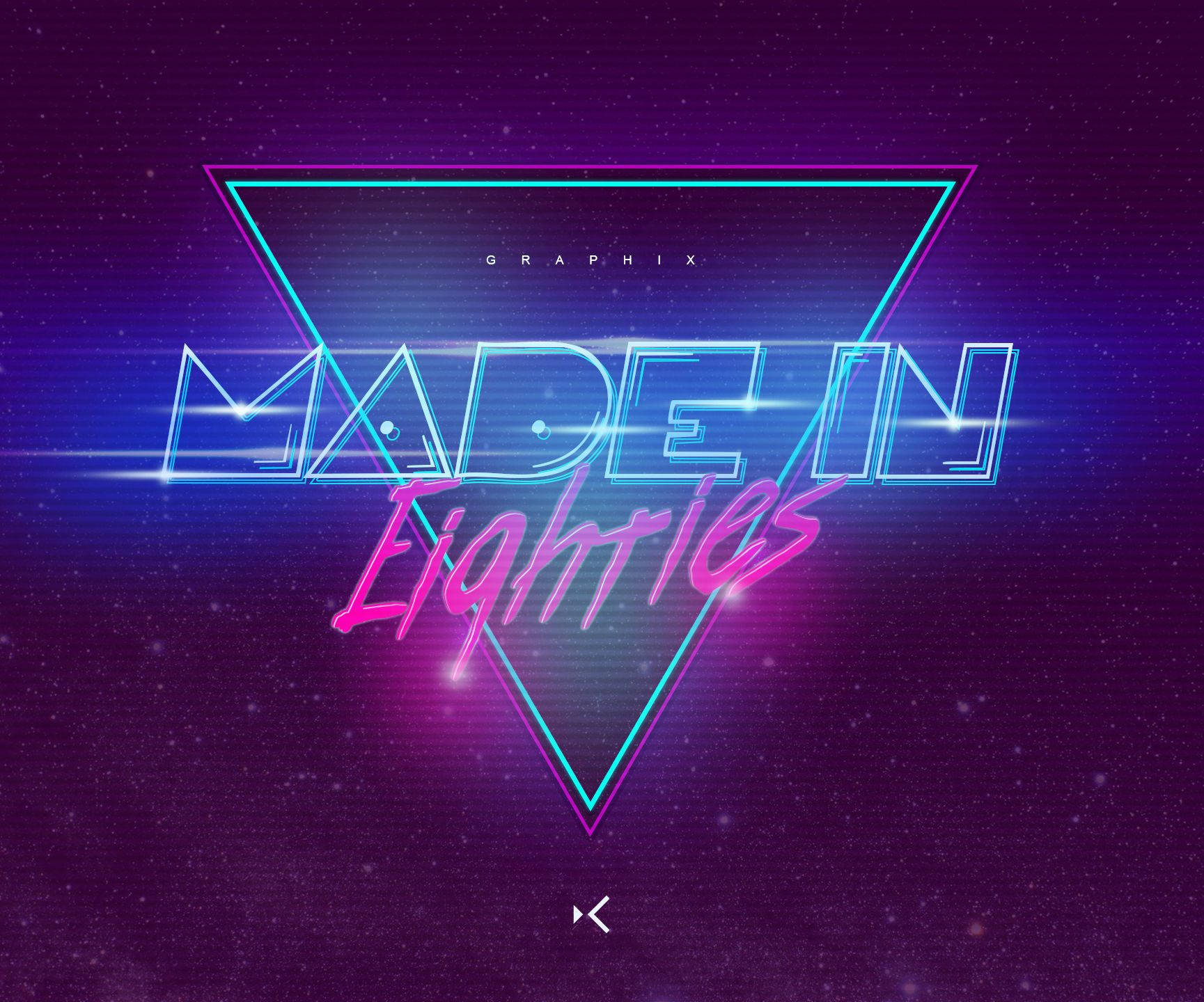 80年代 桌布 壁紙 — 鮮豔的霓虹文字「MADE IN Eighties」在發光的三角形內閃耀，背景是繁星點點的紫色太空。