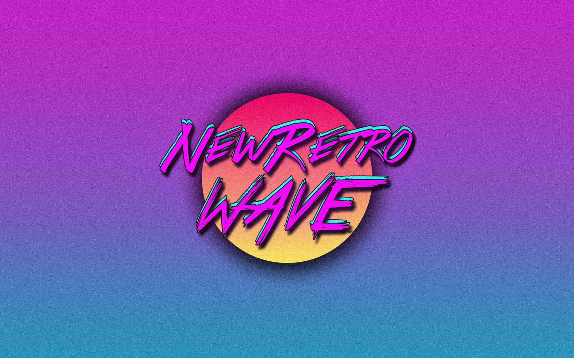 漸層 桌布 壁紙 — 鮮豔的霓虹文字「NEWRETRO WAVE」在帶有彩色太陽爆發效果的漸變紫藍色背景上發光。