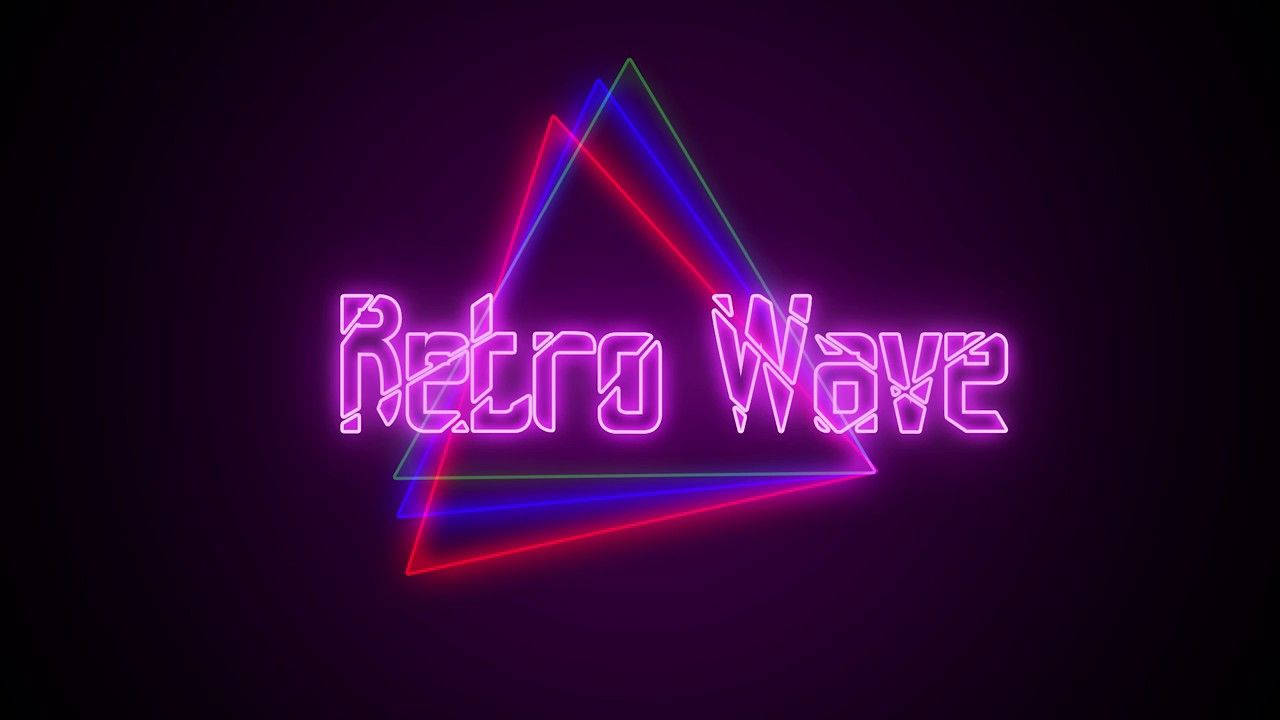 80年代 桌布 壁紙 — 鮮豔的霓虹文字「Retro Wave」在深紫色背景上交錯的三角形內發光。
