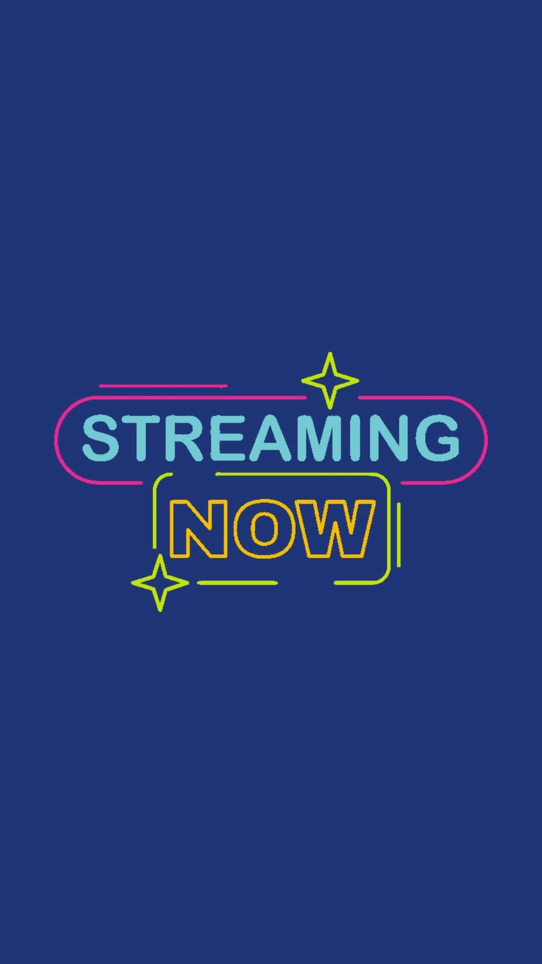 Streaming 桌布 壁紙 — 鮮豔的霓虹文字在深藍色背景上顯示「正在串流」，並帶有發光的星星點綴。