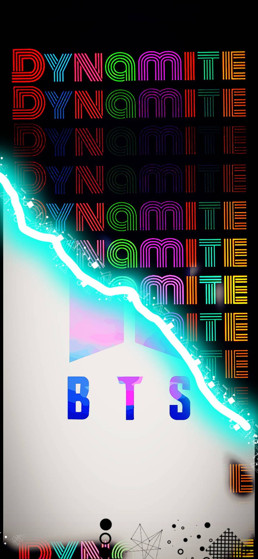  壁紙 — 鮮豔的霓虹文字拼出「DYNAMITE」，彩虹色，帶有發光的閃電和BTS標誌，背景為深色。