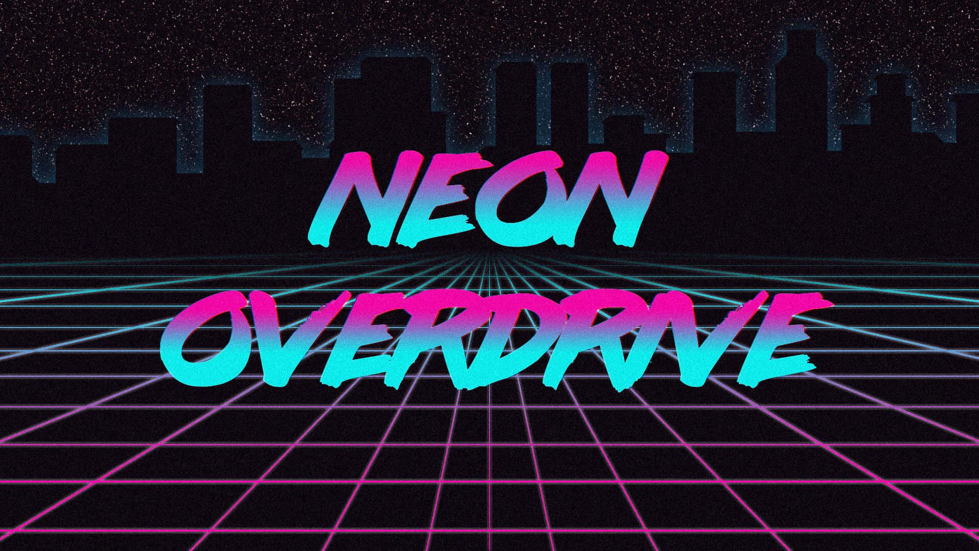 桌布 壁紙 — 鮮豔的霓虹文字顯示「NEON OVERDRIVE」，背景是復古未來風格的網格和城市天際線，在星空下。