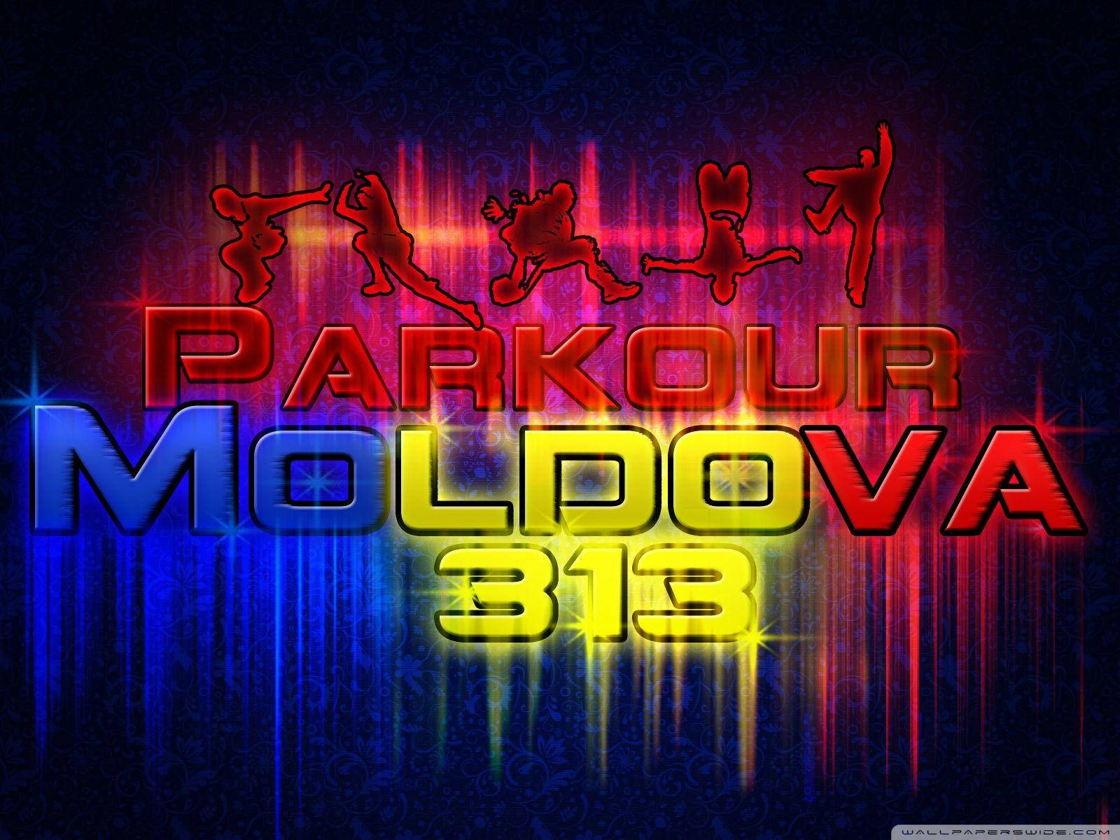 鄉村 桌布 壁紙 — 鮮豔的霓虹文字顯示「PARKOUR MOLDOVA 313」，在深色圖案背景上，運動員的紅色剪影位於發光的垂直光條上方。