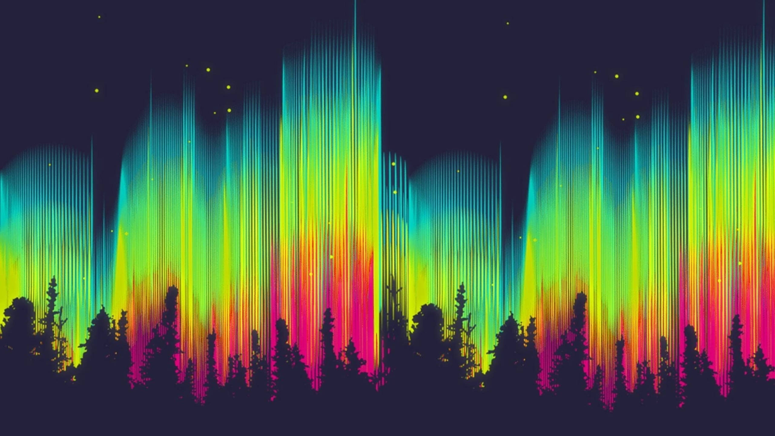 Spectrum 桌布 壁紙 — 鮮豔的霓虹極光條紋在星空下的黑暗森林輪廓上傾瀉而下。