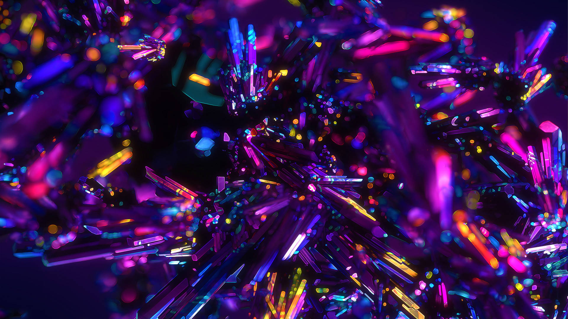在黑暗背景上閃爍著鮮豔色彩的霓虹水晶。 — 4K 壁紙