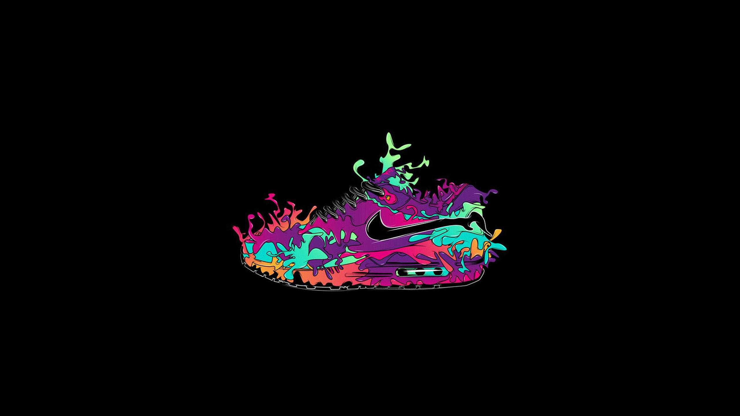Nike 桌布 壁紙 — 鮮豔的霓虹潑濺設計覆蓋了一雙Nike運動鞋，背景為純黑色。