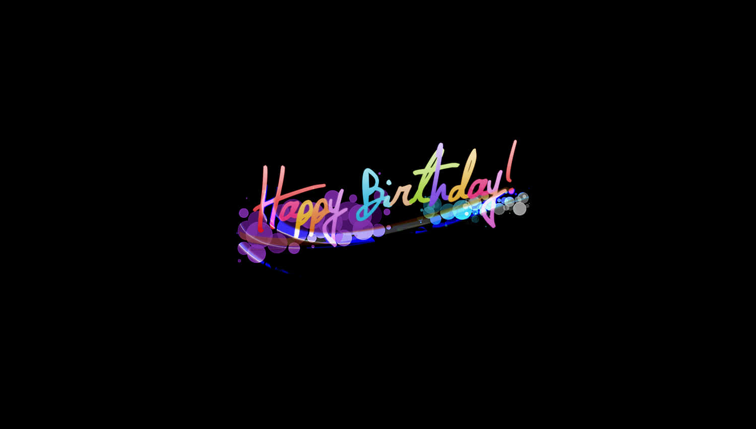 生日快樂 桌布 壁紙 — 鮮豔的霓虹燈「生日快樂！」文字，帶有彩色閃光和散景燈光，背景為黑色。