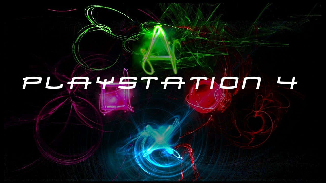 icon 桌布 壁紙 — 鮮豔的霓虹燈光軌跡在黑色背景上的 PlayStation 4 標誌周圍旋轉。