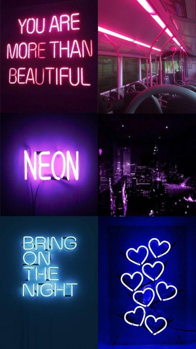 Bisexual Aesthetic 桌布 壁紙 — 鮮豔的霓虹燈在拼貼畫中閃耀，包含勵志短語、心形圖案和夜景城市景觀。