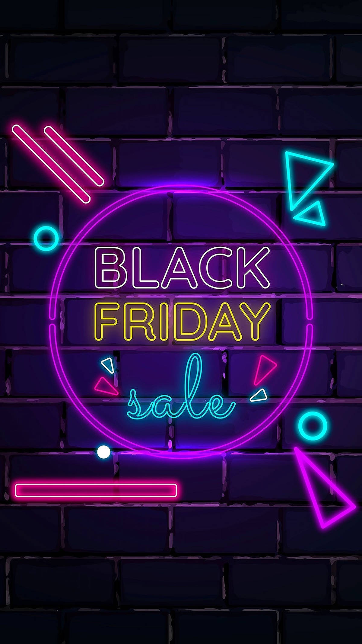 Friday 桌布 壁紙 — 鮮豔的霓虹燈在深色磚牆上拼出 Black Friday Sale，幾何形狀閃爍著粉紅、紫色和青色。