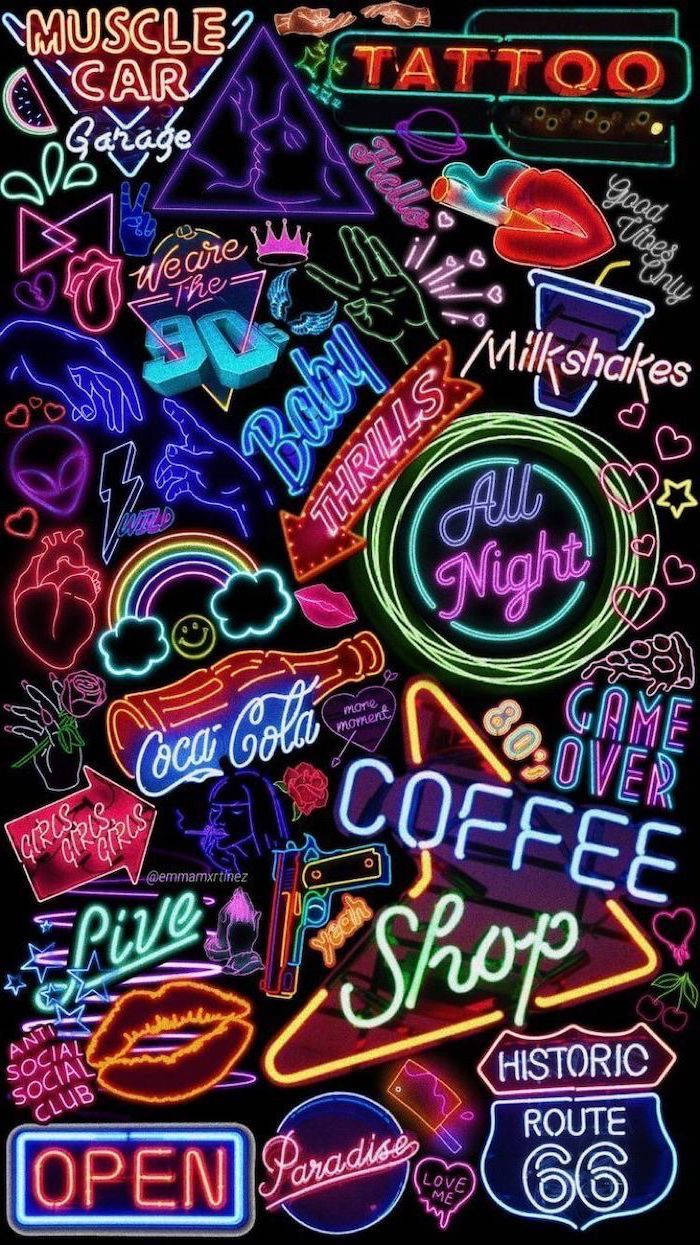 neon aesthetic iPhone 桌布 壁紙 — 鮮豔的霓虹燈在黑暗背景中發光，展示肌肉車、紋身、奶昔和66號公路圖案。