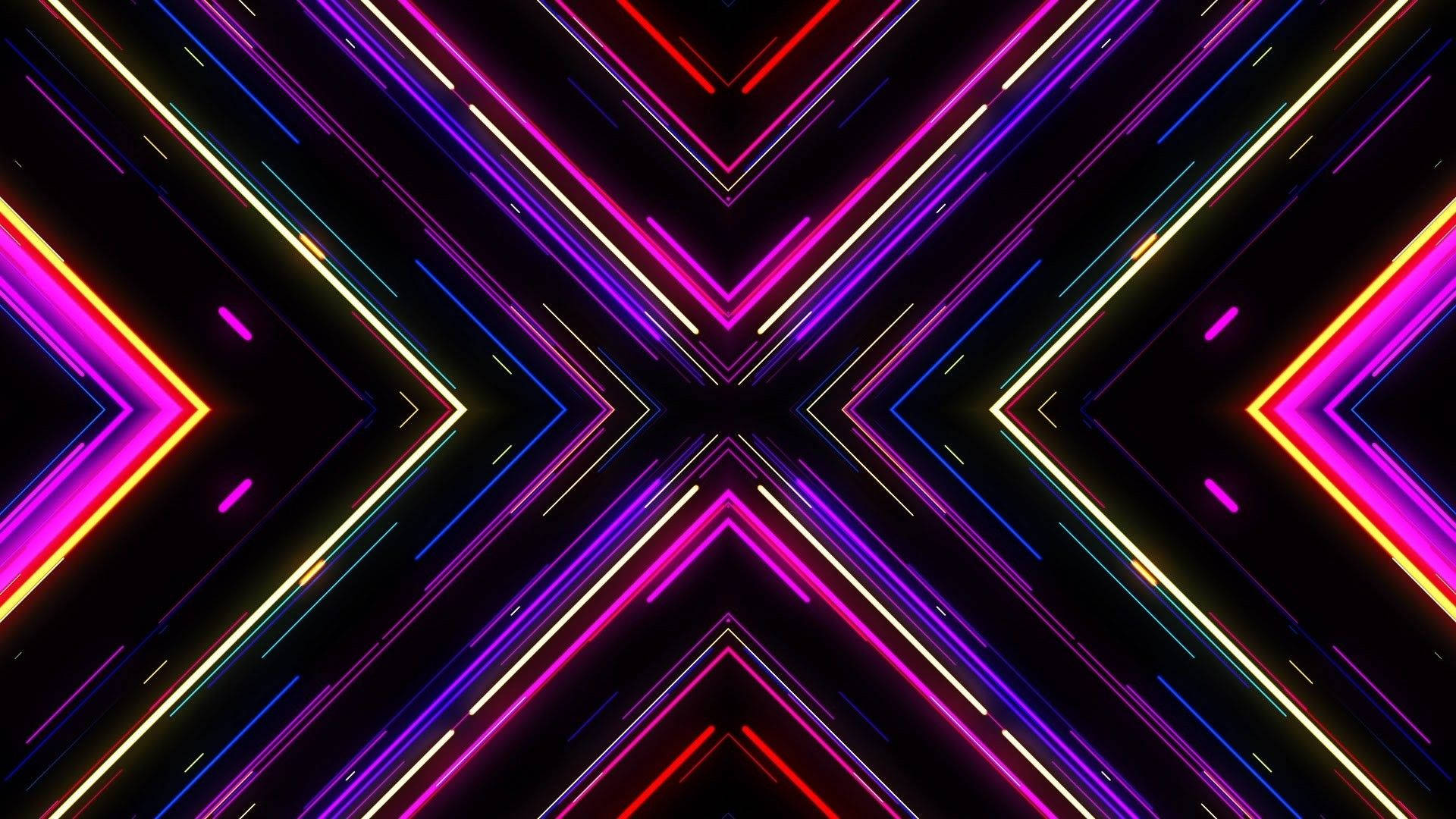 Neon Light 桌布 壁紙 — 鮮豔的霓虹燈在黑色背景上形成從中心點向外輻射的對稱幾何圖案。