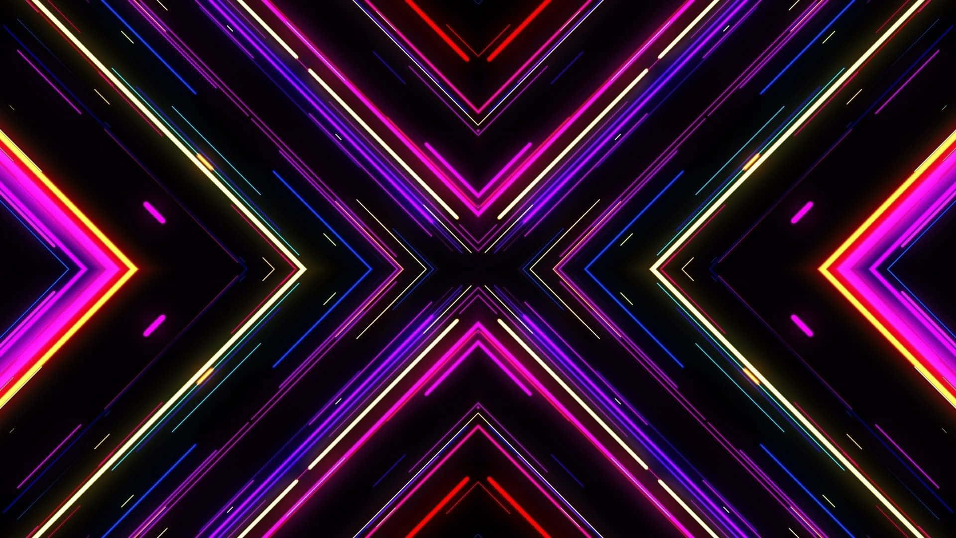 motion 桌布 壁紙 — 鮮豔的霓虹燈在黑色背景上形成從中心點輻射出的對稱幾何圖案。
