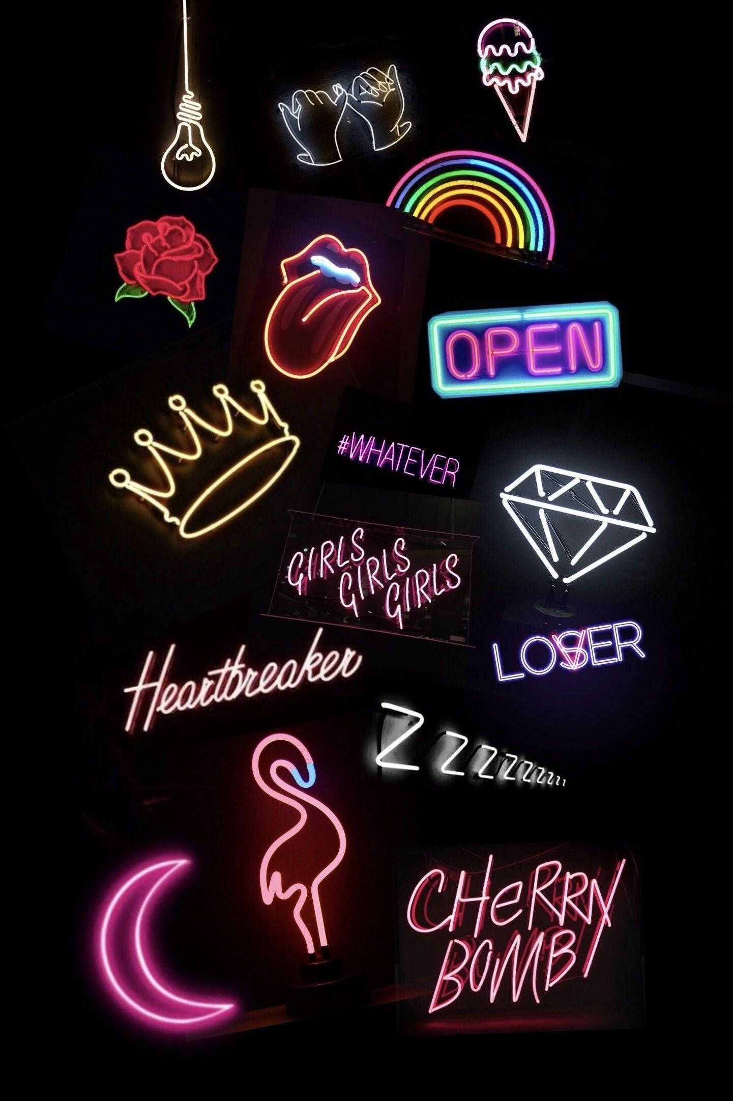 Led 桌布 壁紙 — 鮮豔的霓虹燈在黑色背景上發光，展示嘴唇、皇冠、冰淇淋和俏皮語句，呈現復古流行文化風格。