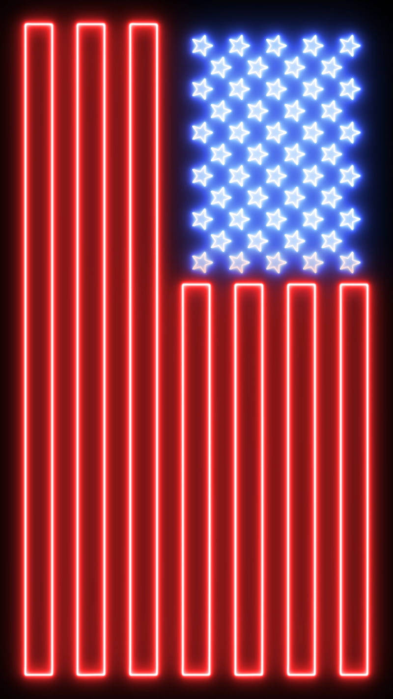 USA flag iPhone 桌布 壁紙 — 鮮豔的霓虹燈形成美國國旗，帶有發光的紅色條紋和藍色背景上的白色星星，背景為深色。