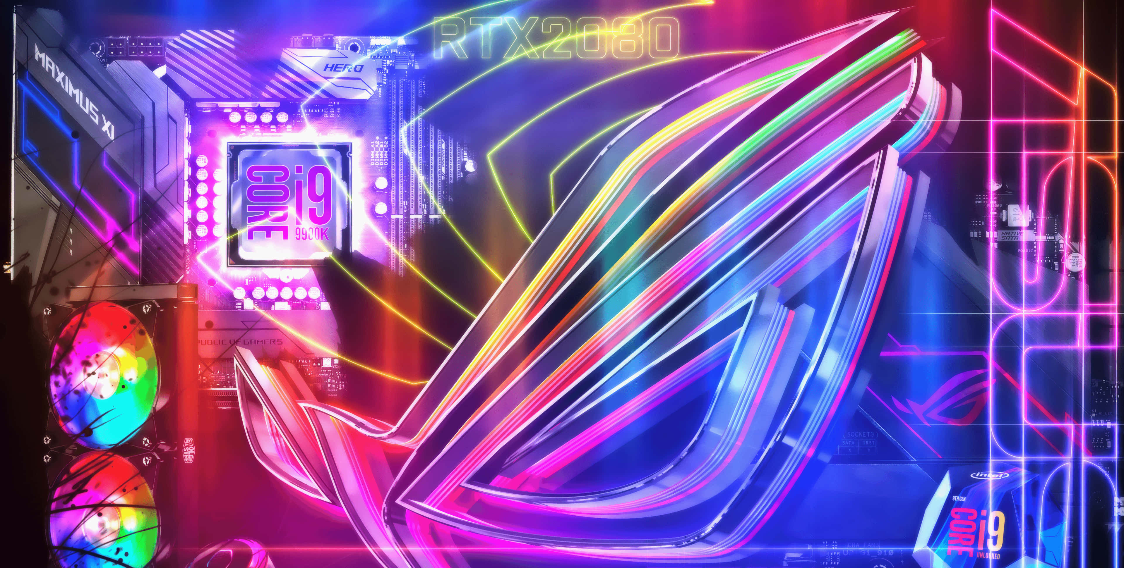 RGB 桌布 壁紙 — 鮮豔的霓虹燈照亮了一台帶有可見RTX2080和i9組件的高科技遊戲電腦。