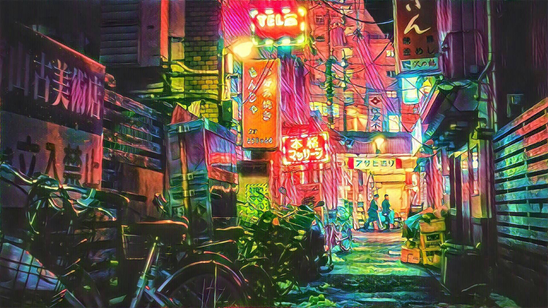 東京 桌布 壁紙 — 鮮豔的霓虹燈照亮了夜晚東京一條狹窄的小巷，粉紅色、綠色和黃色的光芒在潮濕的路面上反射。