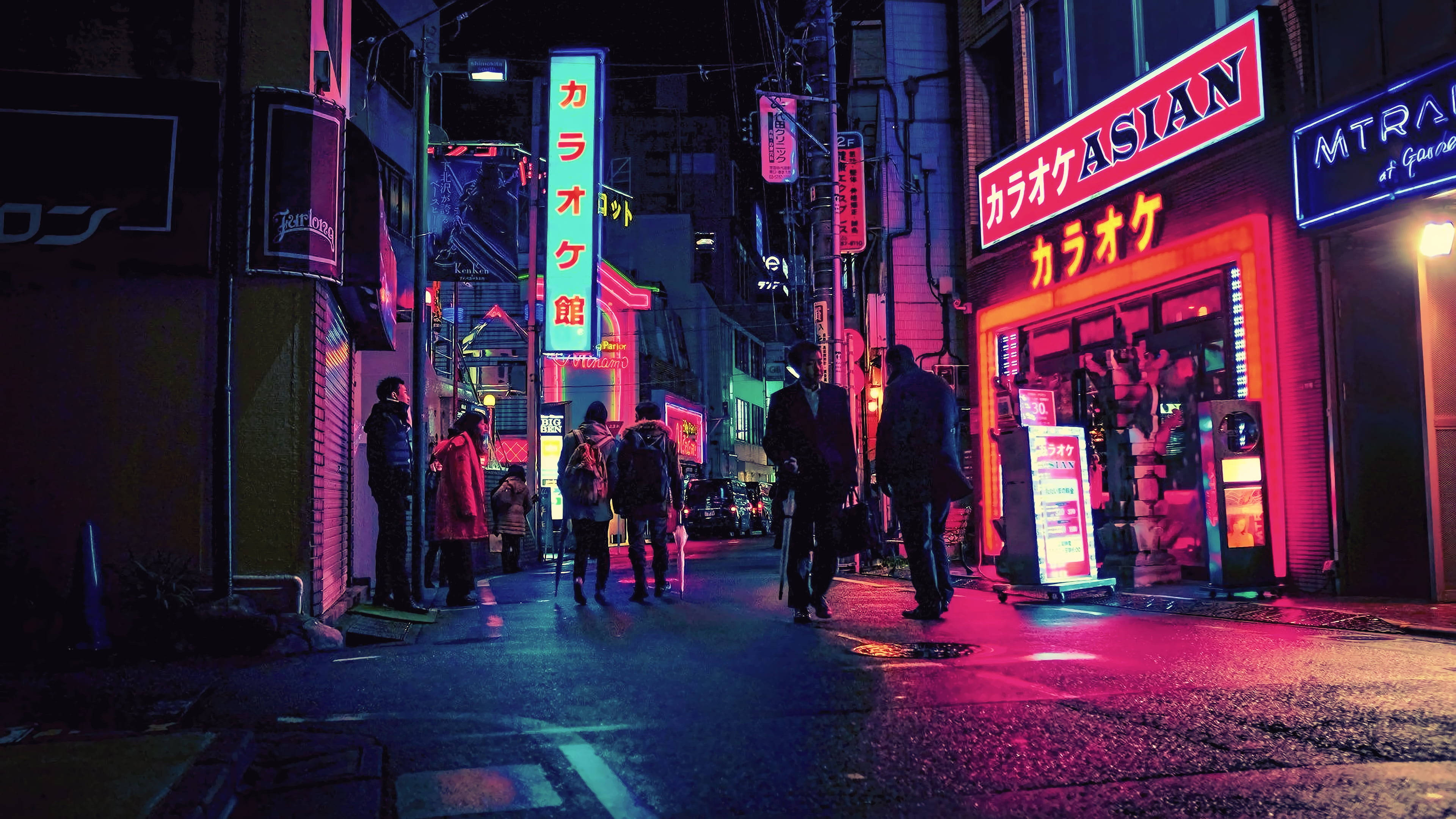 藝術 桌布 壁紙 — 鮮豔的霓虹燈照亮了濕漉漉的東京小巷，行人穿梭在閃爍的都市夜景中。