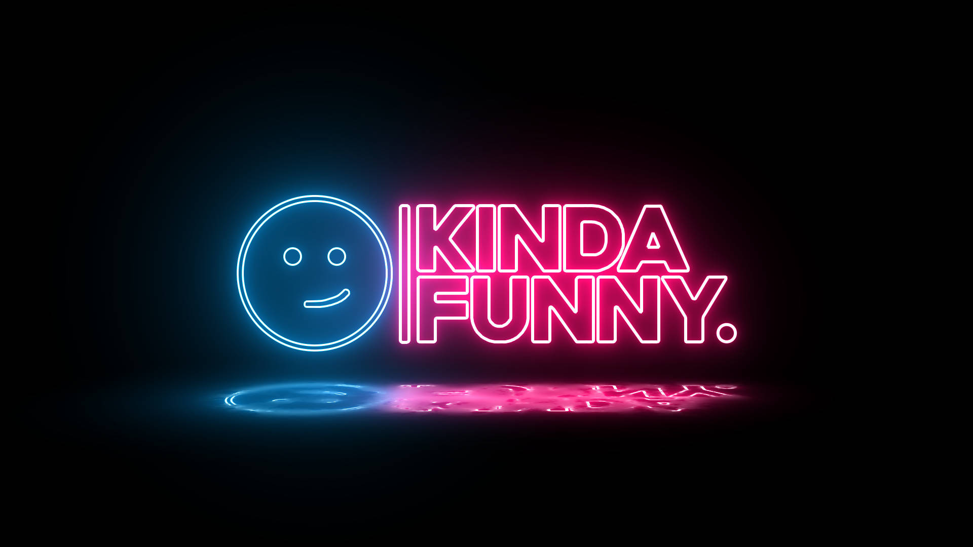 Neon Pink 桌布 壁紙 — 鮮豔的霓虹燈牌，藍色笑臉和粉紅色文字寫著kinda funny，在黑色背景上發光。