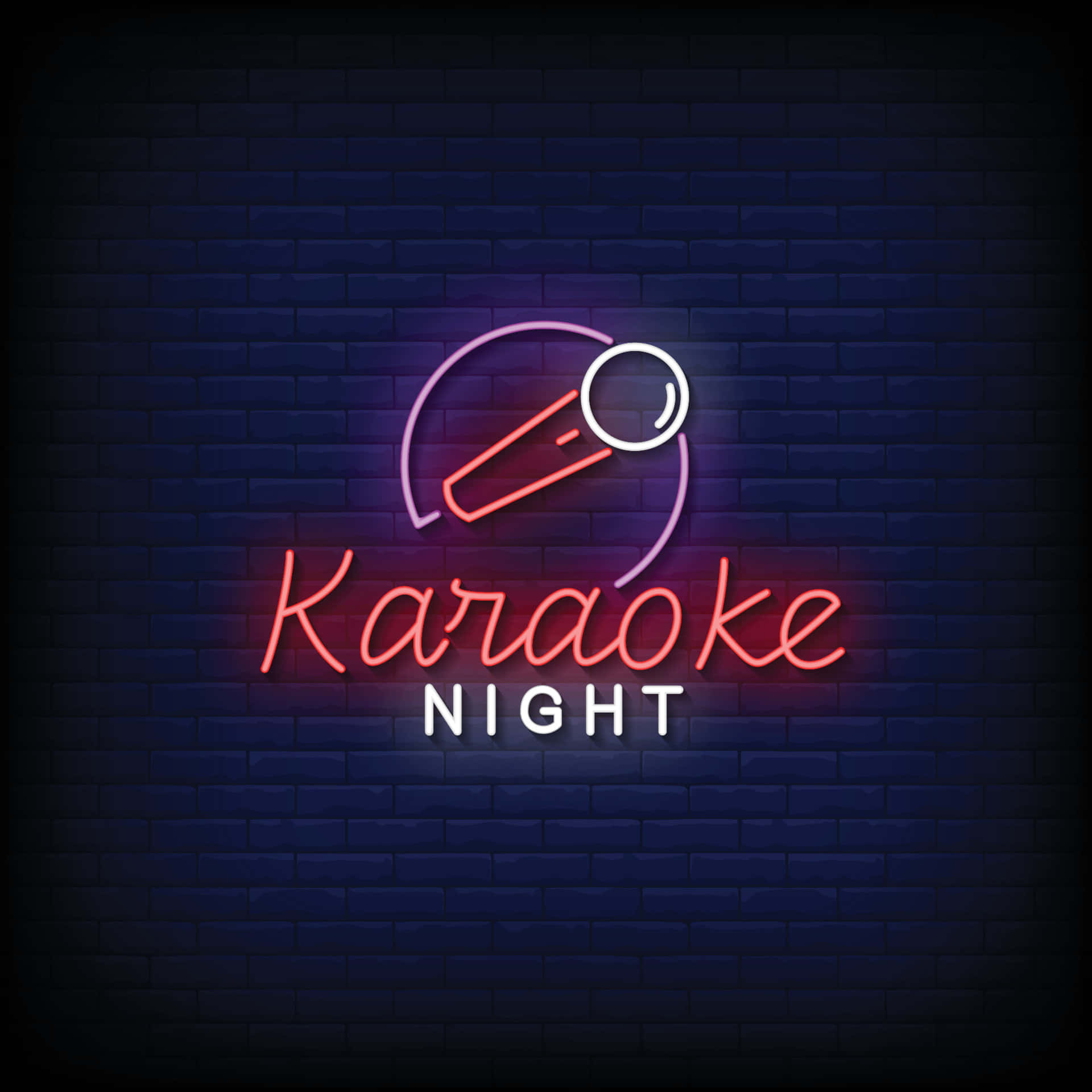 Karaoke 桌布 壁紙 — 鮮豔的霓虹燈牌在深色磚牆上發出粉紅和紫色光芒，宣傳卡拉OK之夜。