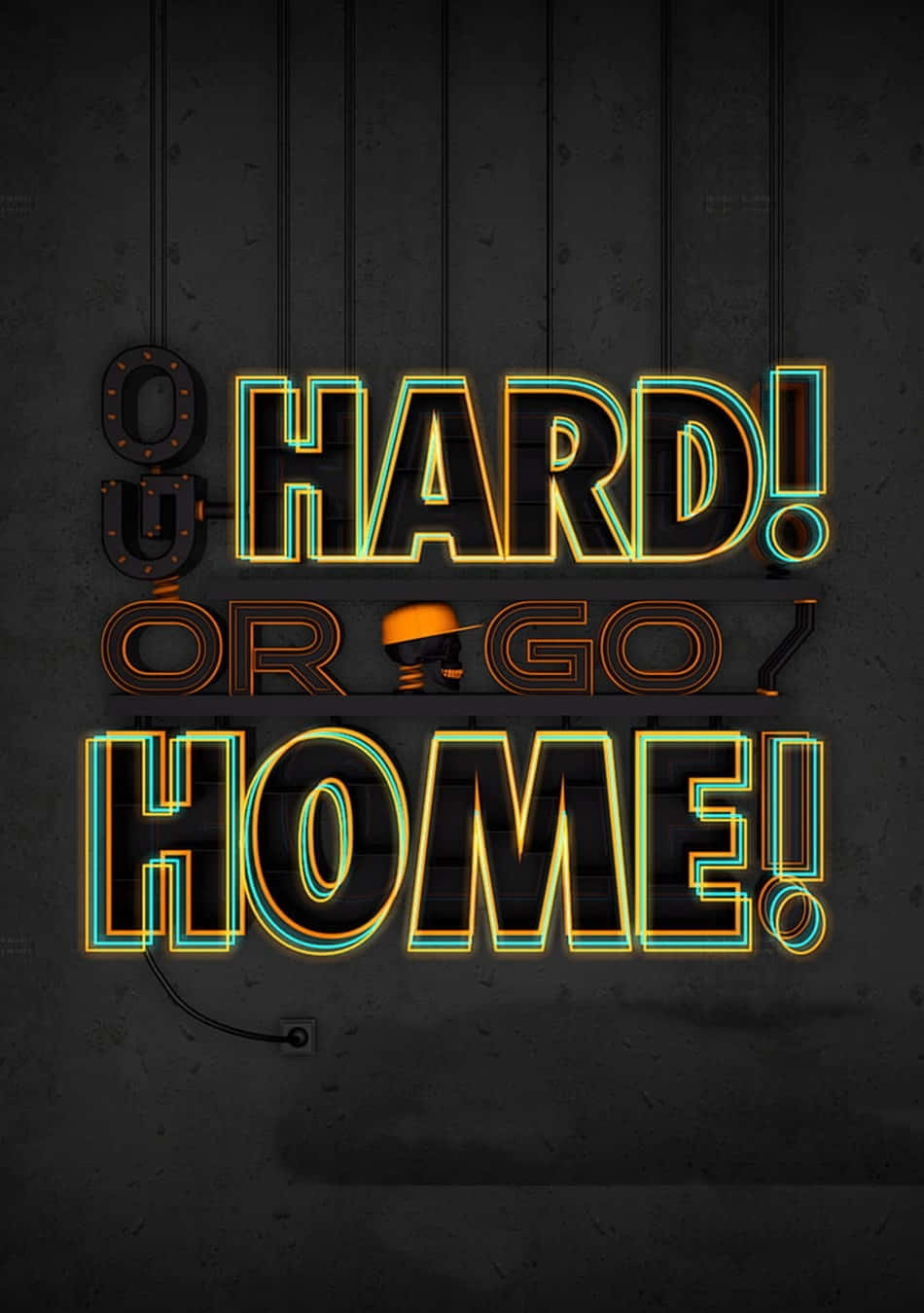 語錄 桌布 壁紙 — 鮮豔的霓虹燈牌在深色紋理牆上顯示「WORK HARD OR GO HOME!」，帶有發光的橙色和藍綠色輪廓。