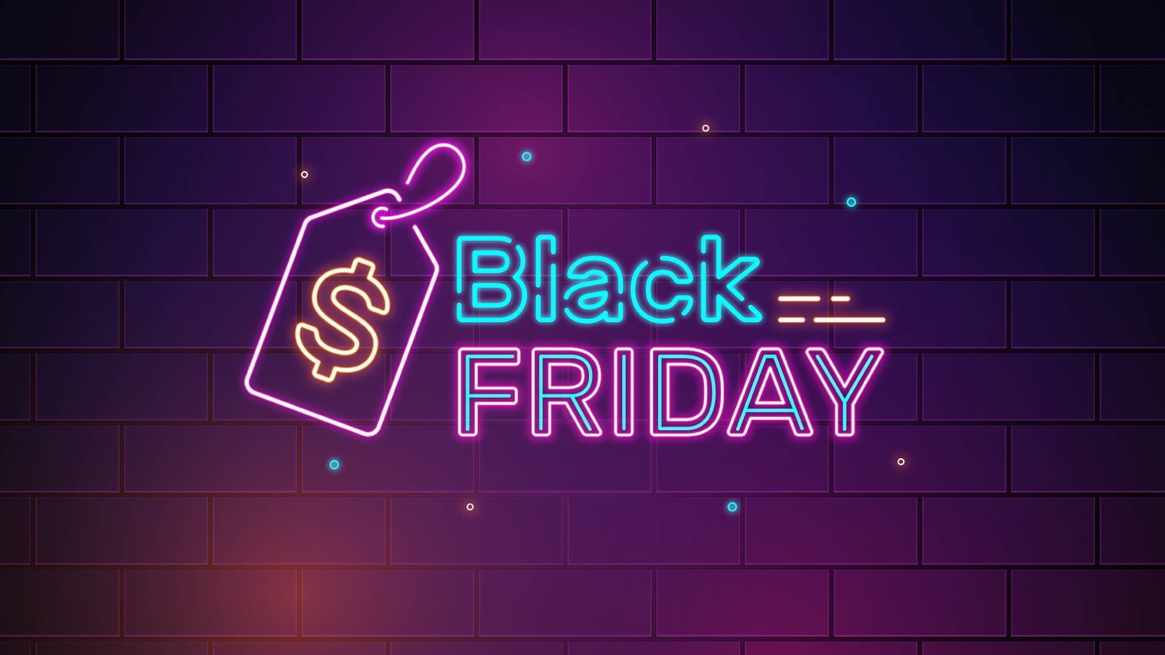 Friday 桌布 壁紙 — 鮮豔的霓虹燈牌寫著 Black Friday，帶有美元標誌，在深色磚牆上發光。