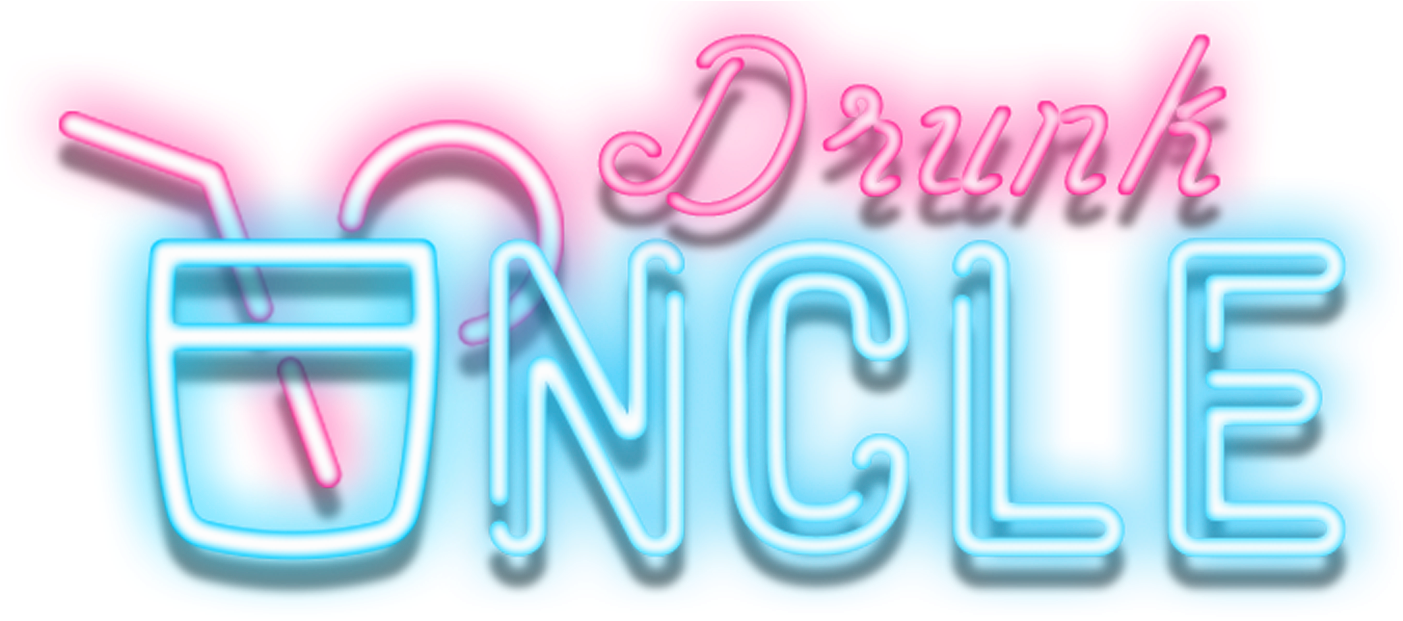 醉意朦朧 桌布 壁紙 — 鮮豔的霓虹燈牌寫著「Drunk ONCLE」，並帶有發光的雞尾酒杯圖標，背景為黑色。